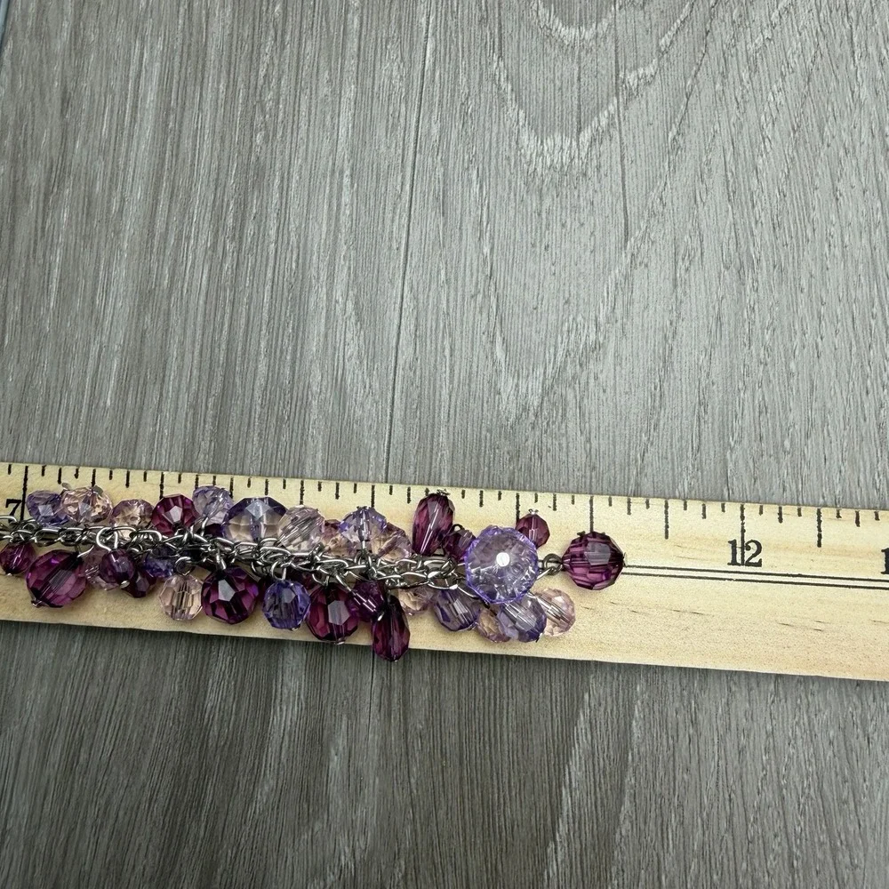 Worthington Beaded Statement Cluster Necklace Silver Tone Chain Purple New